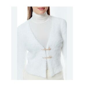 RICH & FAMOUS Cardigan Pin Sweater, White with 2 Gold Faux Diamond Pins, Size M